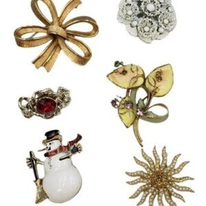Variety Brooch Lot 6 Pieces Floral Gold Tone Christmas